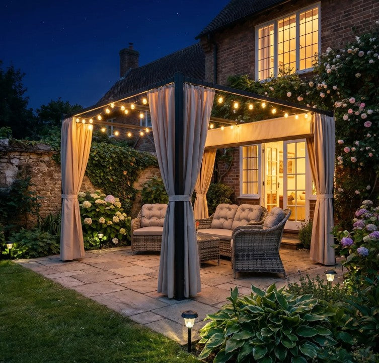 3m x 3m Retractable Metal Pergola with Curtains – Outdoor Patio & Deck Shelter, Adjustable Canopy Shade for BBQ & Grill Area, Beige