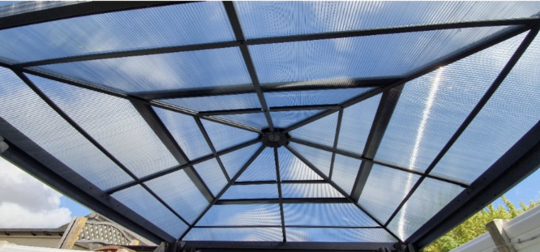 3m x 3m Premium Aluminium Hardtop Gazebo with Polycarbonate Roof, Privacy Curtains & Insect Netting – Dark Grey Garden Pavilion