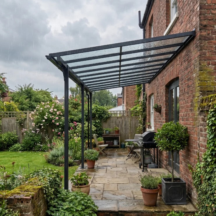 4.35m x 3m Wall Mounted Pergola – Aluminium Frame & Polycarbonate Roof – Grey Patio Cover