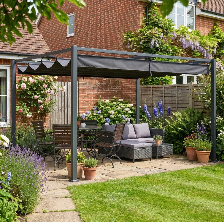 4m x 3m Metal Pergola – Black Retractable Canopy Roof, Outdoor Patio Garden Shade