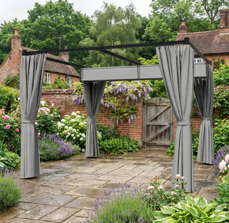 Light Grey 3m x 3m Retractable Roof Pergola Canopy – Outdoor Patio Shelter with Curtains, Metal Frame & Secure Fixing Kit