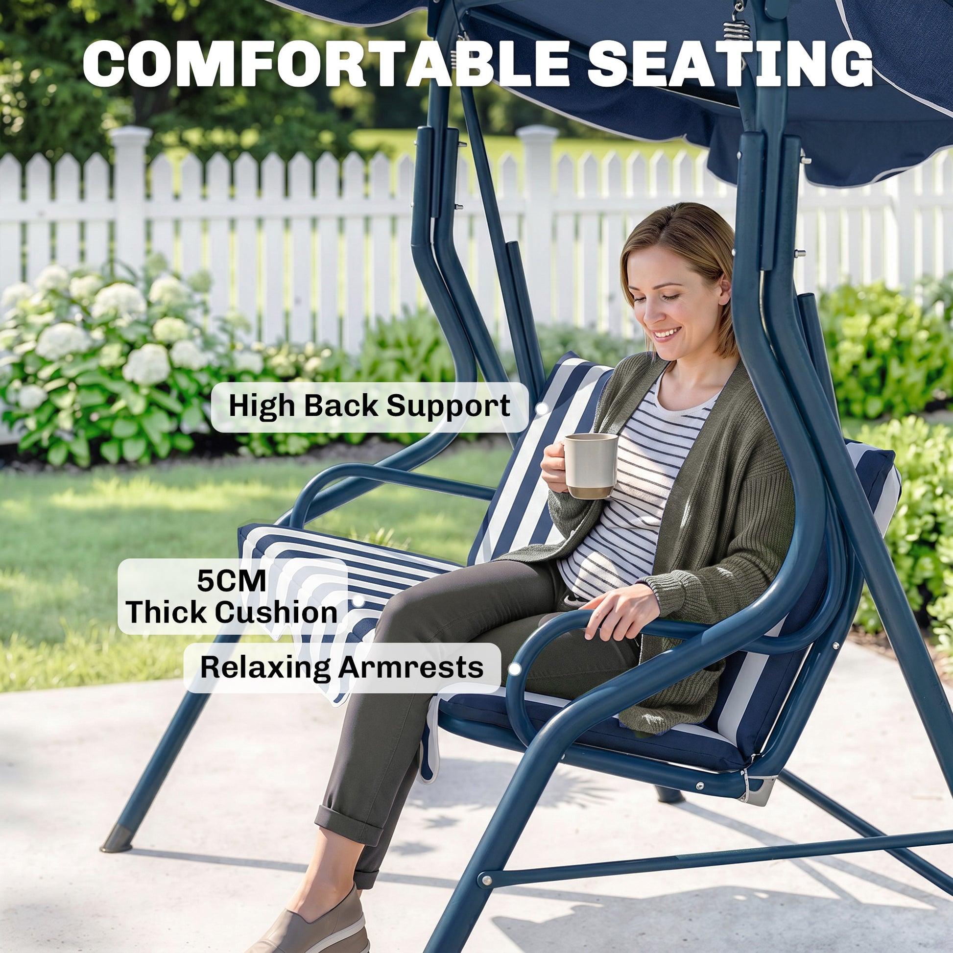 Outsunny 3 Seater Garden Swing Seat Chair Outdoor Bench with Adjustable Canopy and Metal Frame, Blue Stripes