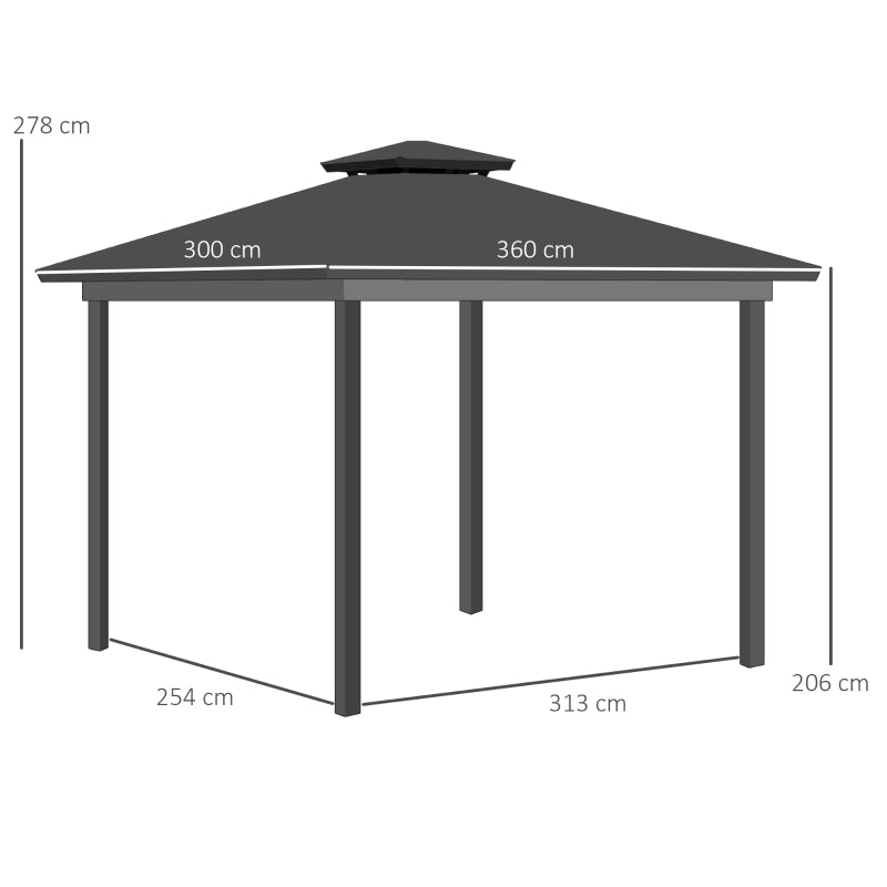 3.6m x 3m Hardtop Garden Gazebo with Twin-Tier Polycarbonate Roof, Privacy Curtains & Insect Mesh Panels