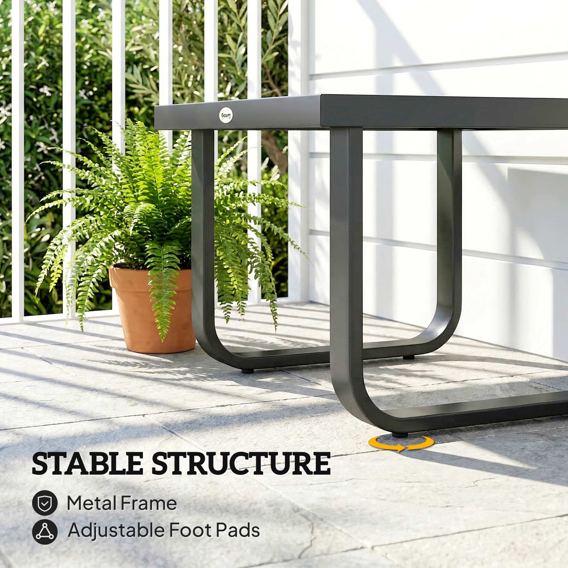 Outsunny Outdoor Garden Coffee Table, Rectangle Metal Side Table with Tempered Glass Tabletop, Adjustable Foot Pads