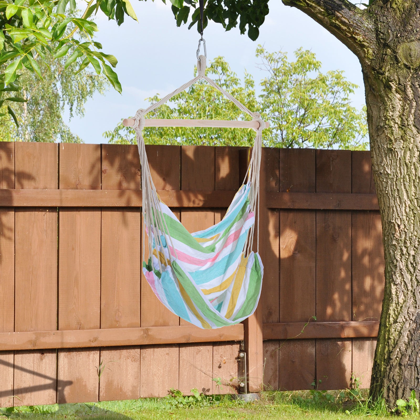 Outdoor Hanging Rope Chair with Cotton Rope, Garden Hammock Chair with Wooden Support Bar Cotton Cloth, Portable Garden Chair for Patio & Tree,