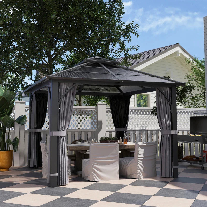 3x3m Brown Polycarbonate Hardtop Gazebo Garden Pavilion – Heavy Duty Metal Frame Shelter with Curtains & Mosquito Netting