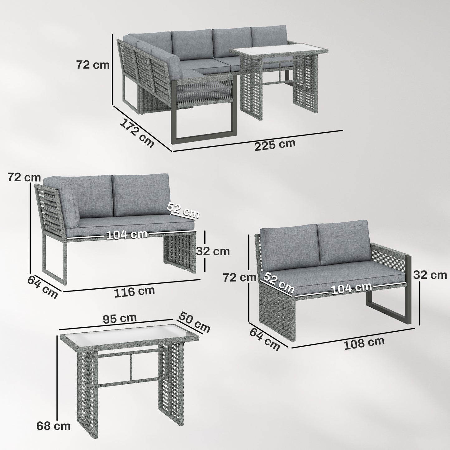 Outsunny 6 Seater Rattan Garden Furniture Set with 3 Loveseats, Table, Patio Rattan Corner Sofa Set, Grey