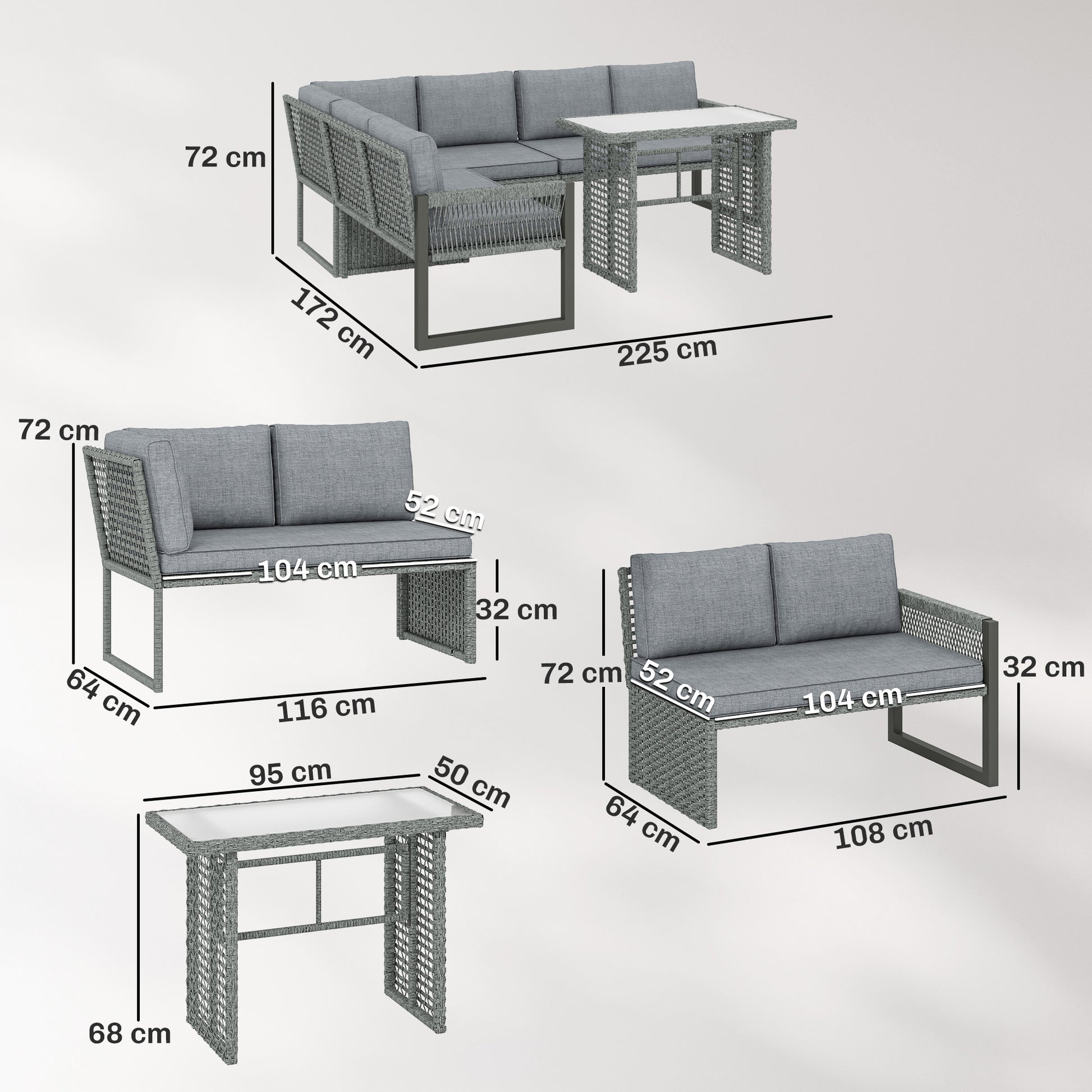 Outsunny 6 Seater Rattan Garden Furniture Set with 3 Loveseats, Table, Patio Rattan Corner Sofa Set, Grey