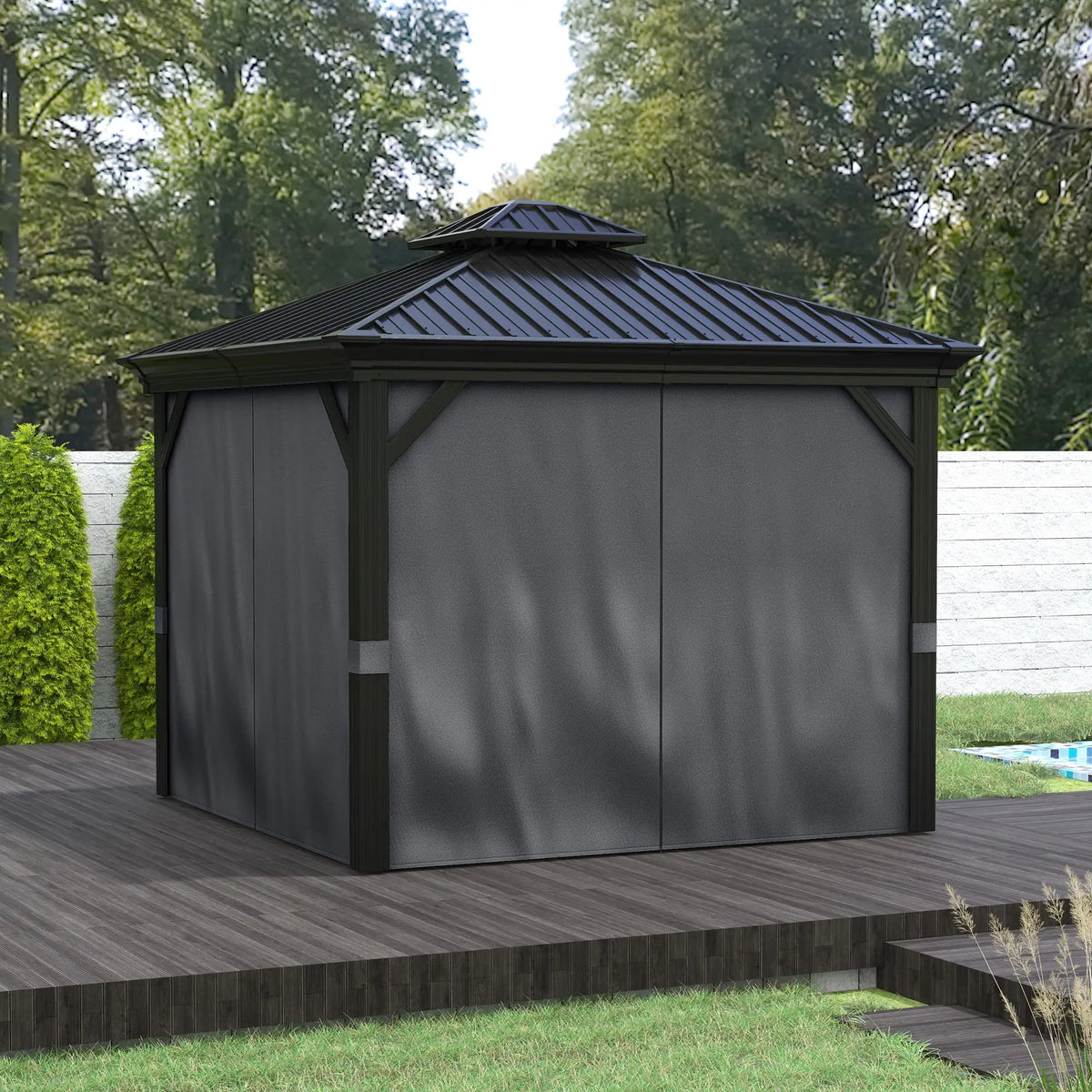3.65m x 3m Dark Grey Aluminium Hardtop Garden Gazebo – Galvanised Steel Roof Pavilion with Double – Tier Ventilation, Curtains & Insect Netting