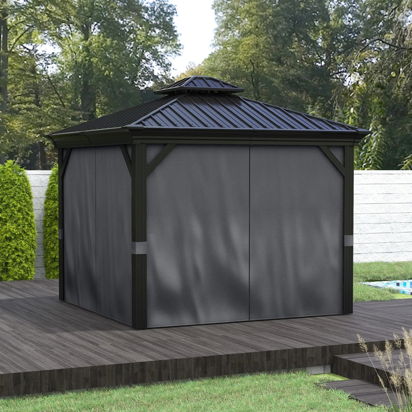 3.65m x 3m Dark Grey Aluminium Hardtop Garden Gazebo – Galvanised Steel Roof Pavilion with Double – Tier Ventilation, Curtains & Insect Netting