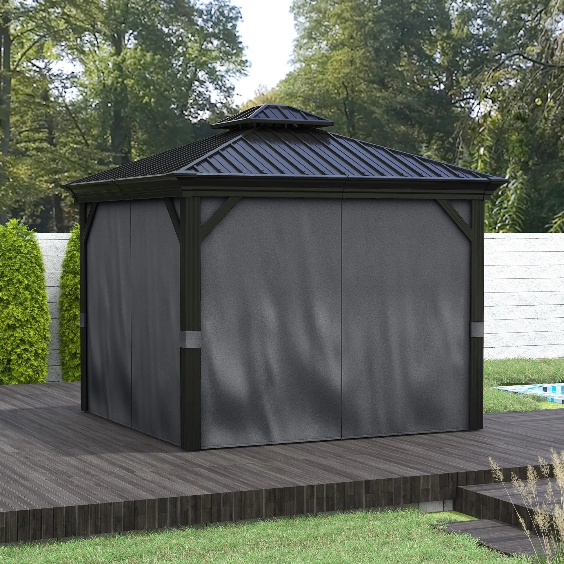 3.65m x 3m Dark Grey Aluminium Hardtop Garden Gazebo – Galvanised Steel Roof Pavilion with Double – Tier Ventilation, Curtains & Insect Netting