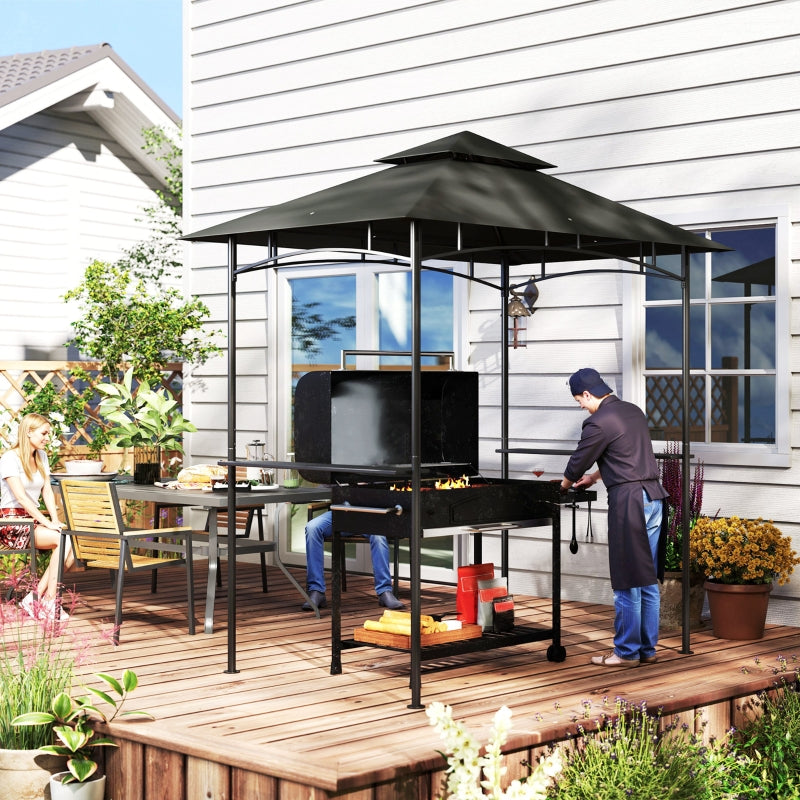 8ft x 5ft Dark Grey BBQ Gazebo Shelter with Double Vent Roof, LED Lighting, Side Shelves & Outdoor Grill Canopy
