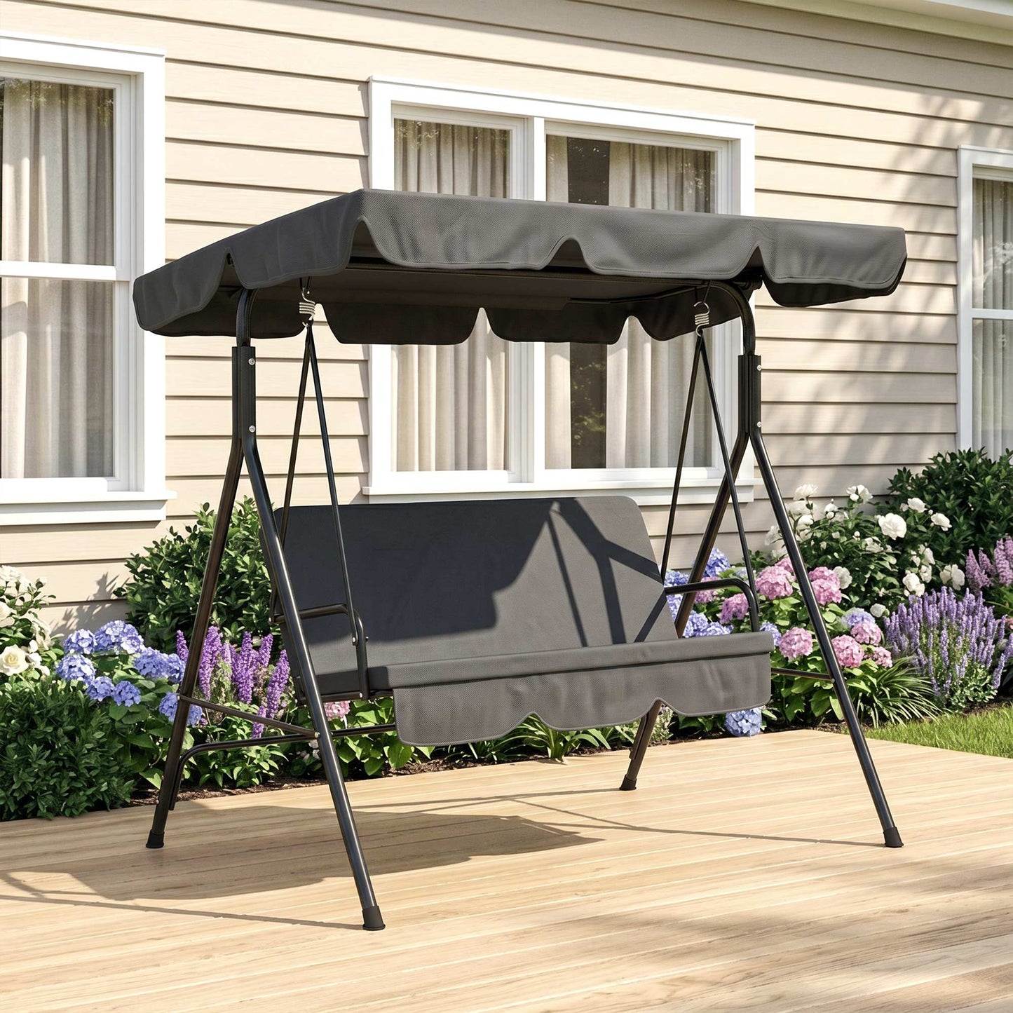 Outsunny Three-Seater Garden Swing Chair, with Adjustable Canopy - Black