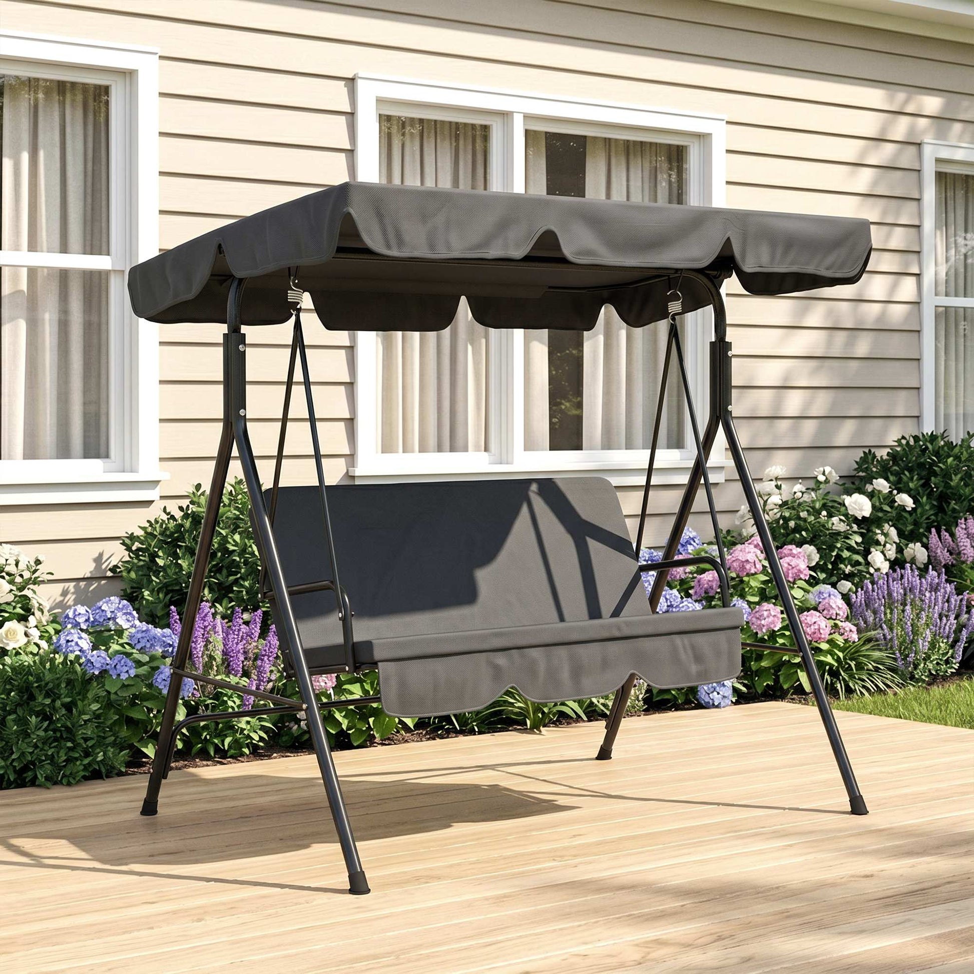 Outsunny Three-Seater Garden Swing Chair, with Adjustable Canopy - Black