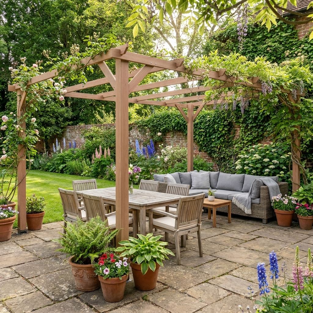 4x3m Wooden Pergola Kit with Triangle Supports – Garden Gazebo Grape Trellis Frame, 6 – Beam Maple Wood – Effect Design