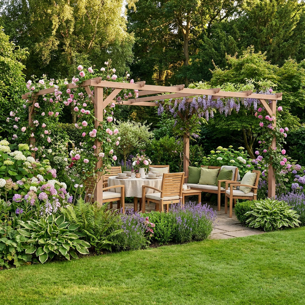 4x3m Wooden Pergola Kit with Triangle Supports – Garden Gazebo Grape Trellis Frame, 6 – Beam Maple Wood – Effect Design