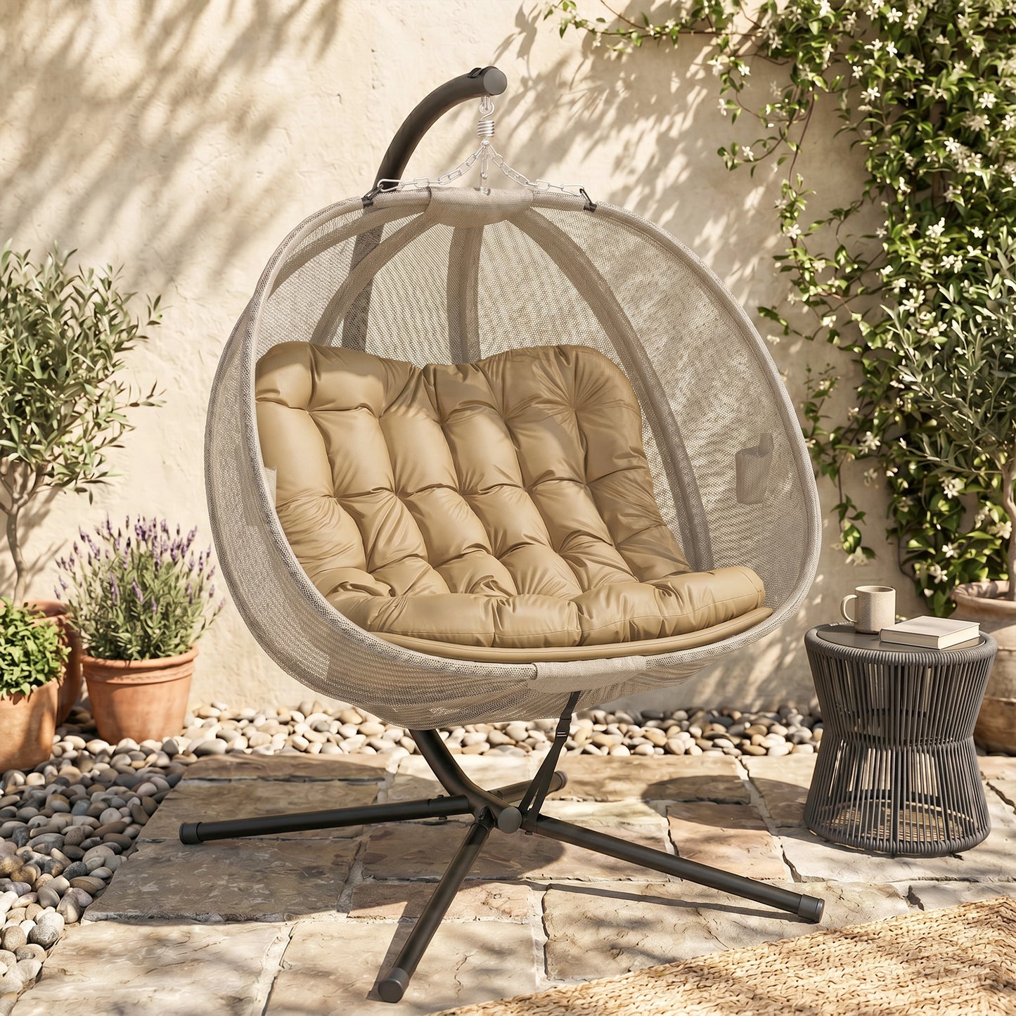 Riviera Double Hanging Egg Chair 2 Seaters Texteline Swing Hammock Chair with Stand, Cushion and Folding Design