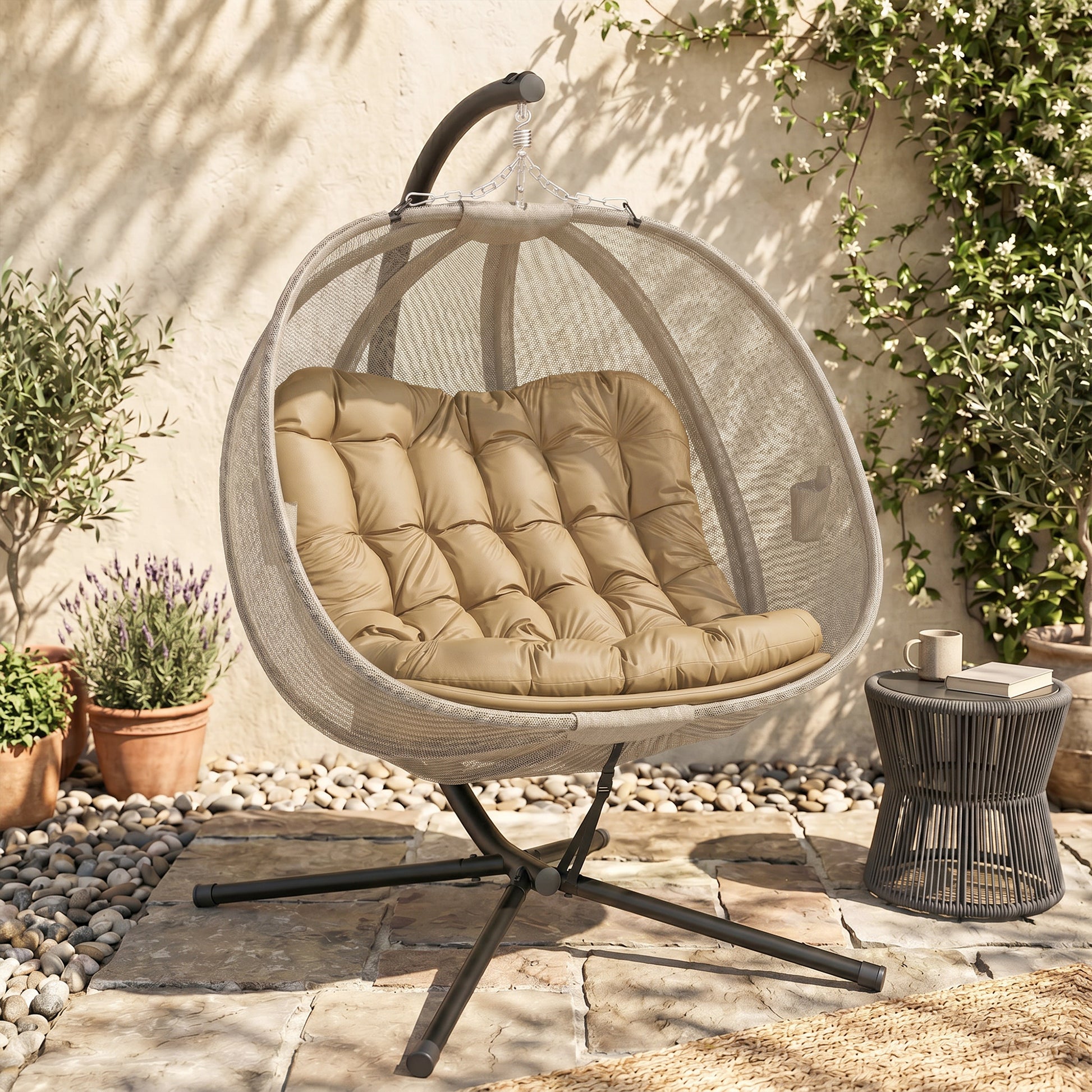 Riviera Double Hanging Egg Chair 2 Seaters Texteline Swing Hammock Chair with Stand, Cushion and Folding Design