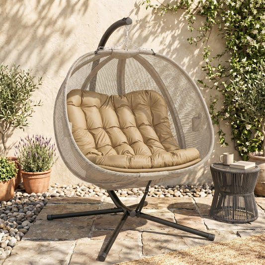 Riviera Double Hanging Egg Chair 2 Seaters Texteline Swing Hammock Chair with Stand, Cushion and Folding Design