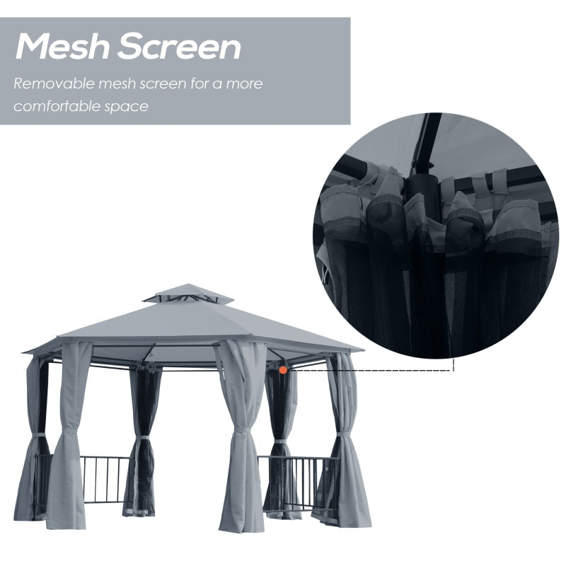 3m x 3m Hexagonal Garden Gazebo with Privacy Curtains & Mesh Insect Screens – Grey Steel Frame Pavilion