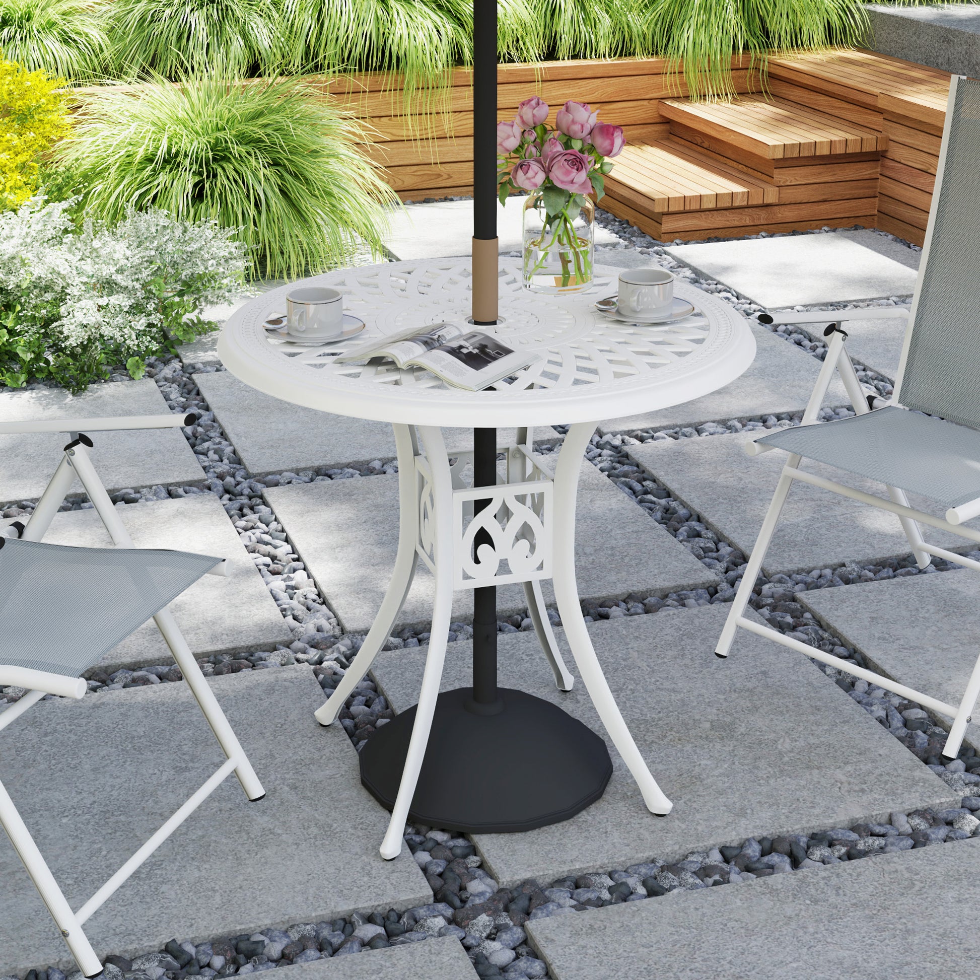 Santorini 78 cm Round Garden Dining Table with Parasol Hole Antique Cast Aluminium Garden Table Only, White