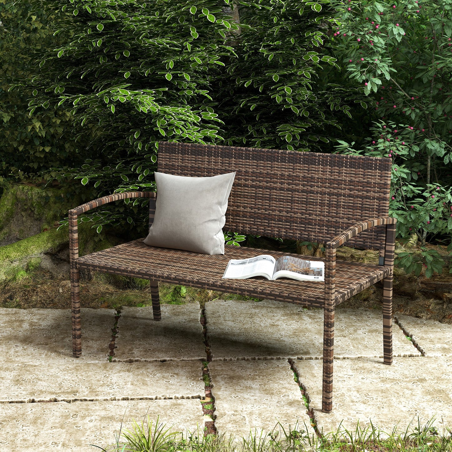 Sorrento All Weather Wicker Garden Loveseat, 2 Seater Poly Rattan Garden Bench, Outdoor Seating Bench Brown