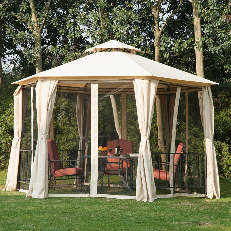 3m x 3m Beige Hexagonal Garden Gazebo with Curtains, Mesh Netting & Double-Tier Canopy