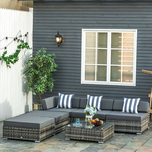 Portofino 6 PC Rattan Sofa Coffee Table Set Sectional Wicker Weave Furniture for Garden Outdoor Conservatory w/