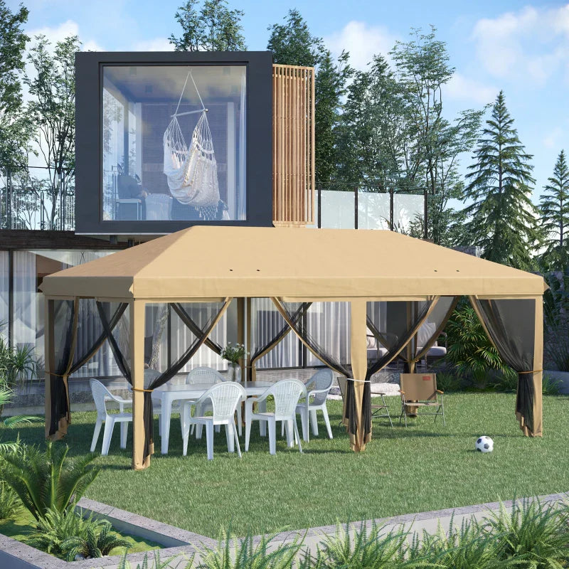 Beige 6m x 3m Pop Up Gazebo Marquee – Portable Garden Event Shelter with Mesh Curtain