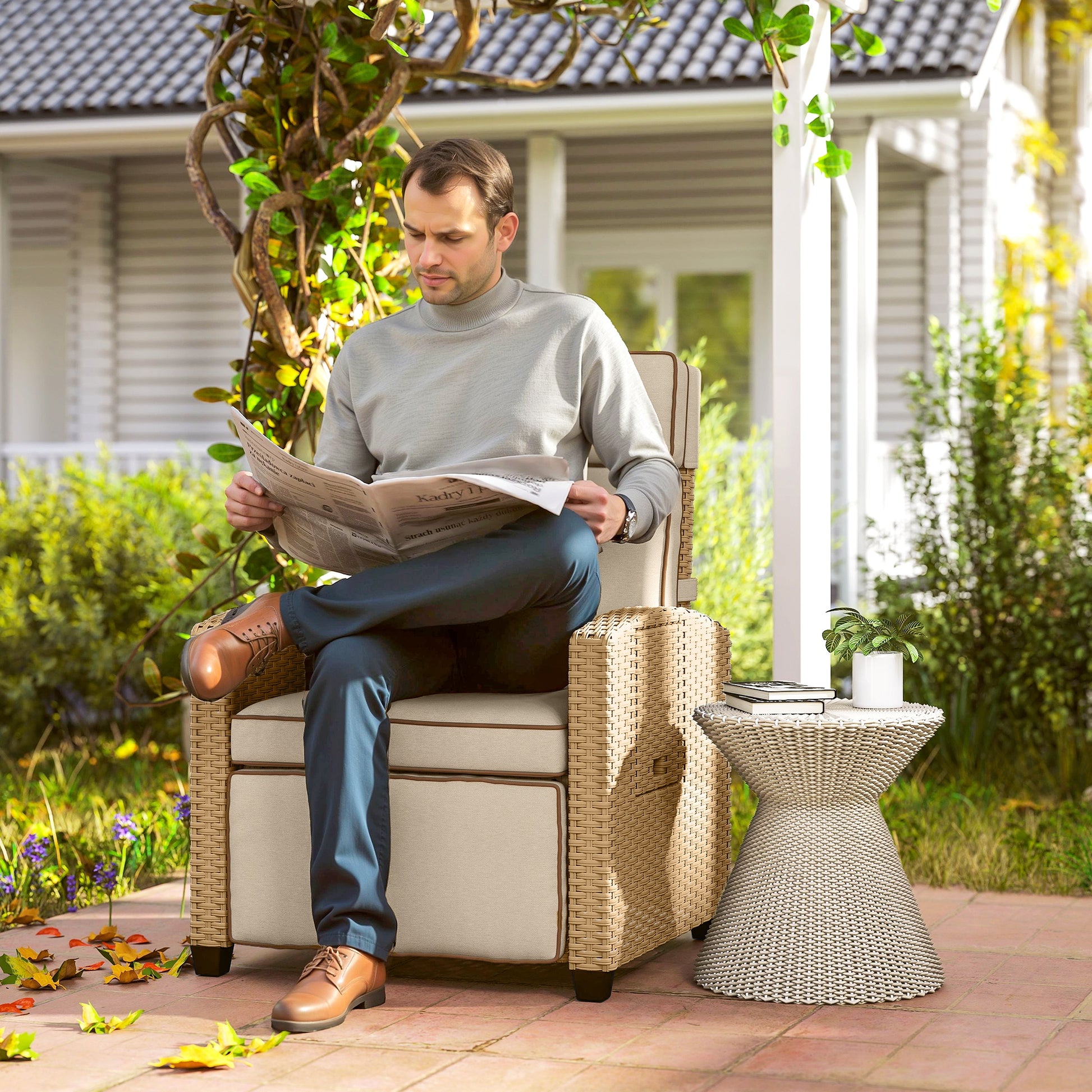 Monaco 145° Reclining Rattan Armchair, with Footrest - Khaki/Beige