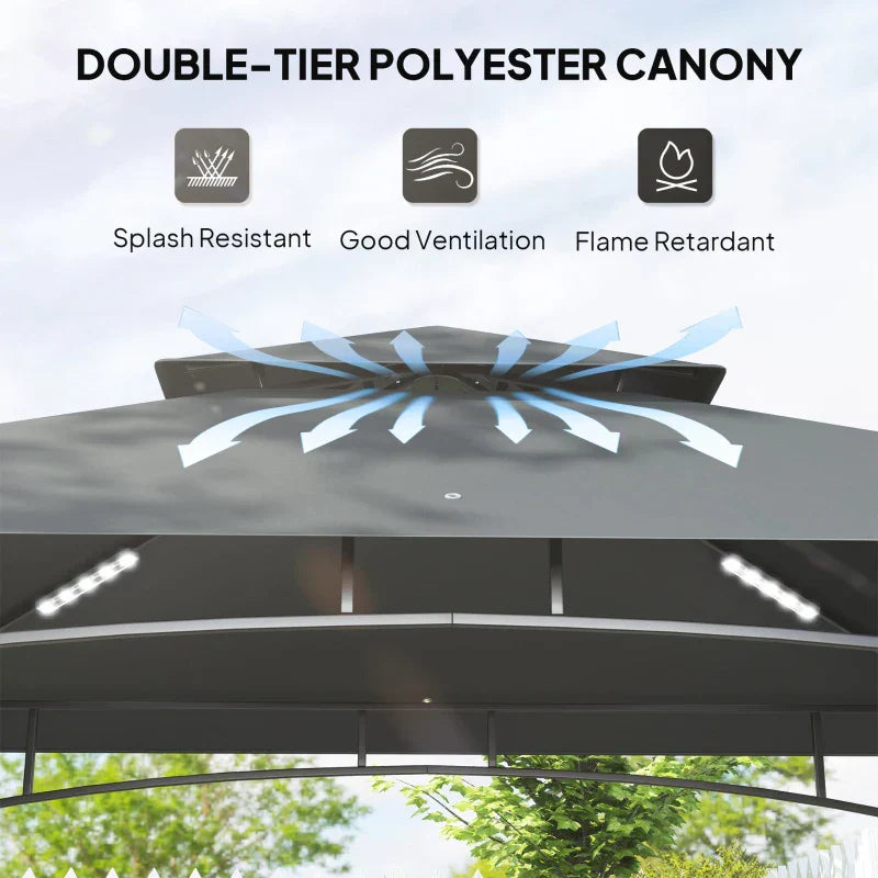 8ft x 5ft Dark Grey BBQ Gazebo Shelter with Double Vent Roof, LED Lighting, Side Shelves & Outdoor Grill Canopy