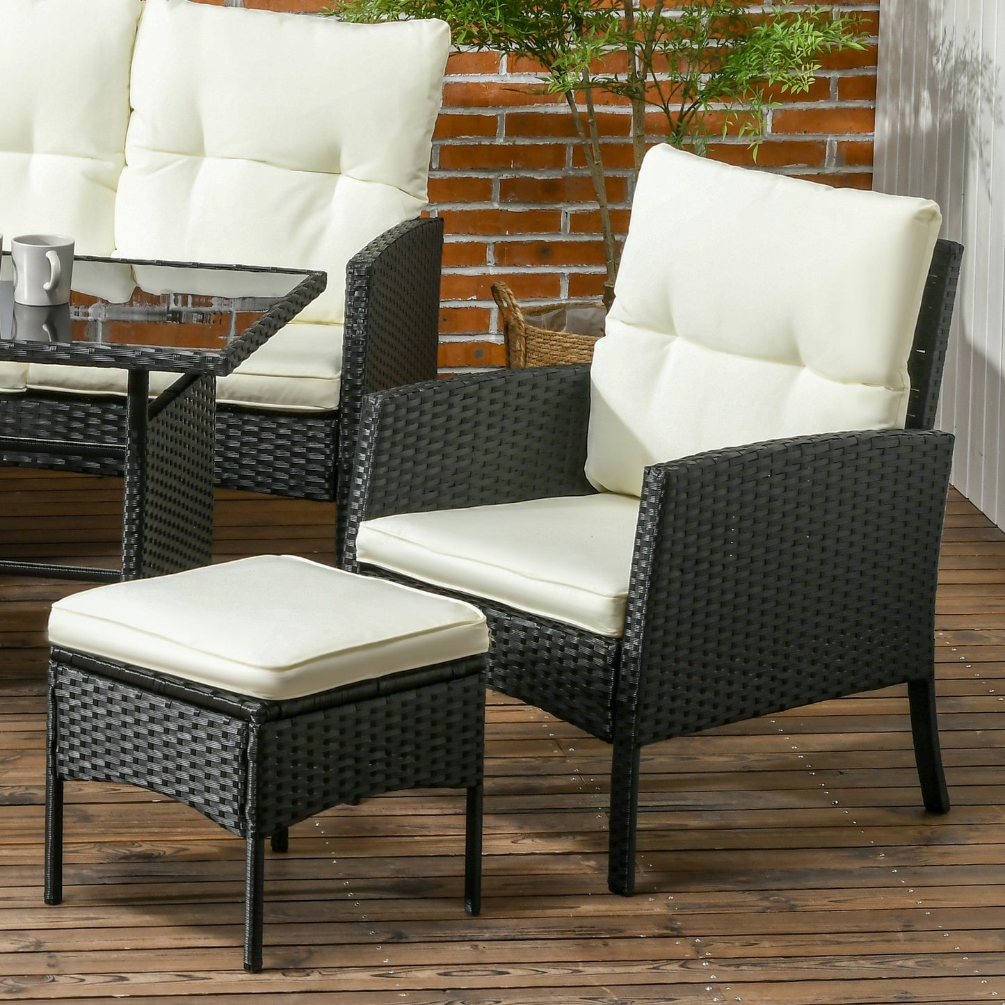 Outsunny 7 Seater Rattan Garden Furniture Set, 6 Piece Garden Dining Set, Armchairs, 3-Seater Sofa, Footstools, Glass Dining Table, Cushions, Wicker Outdoor Furniture for Conservatory Patio, Cream