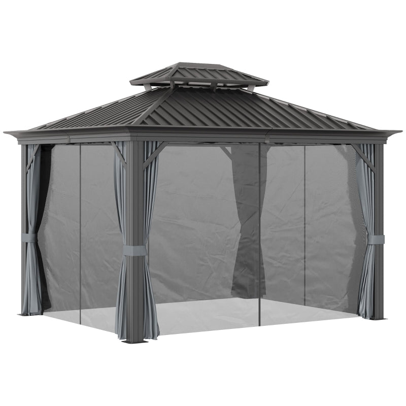 Grey 3.65m x 3m Premium Hardtop Gazebo with Double-Tier Roof, Aluminium Frame, Curtains & Removable Mesh Screens