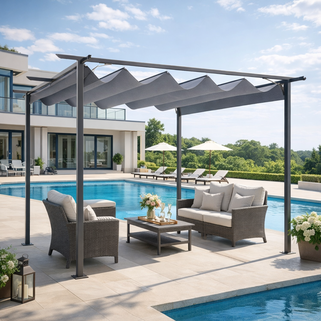 3.5M X 3.5M Metal Pergola Gazebo Awning Retractable Canopy Garden Sun Shade Shelter Marquee Party BBQ