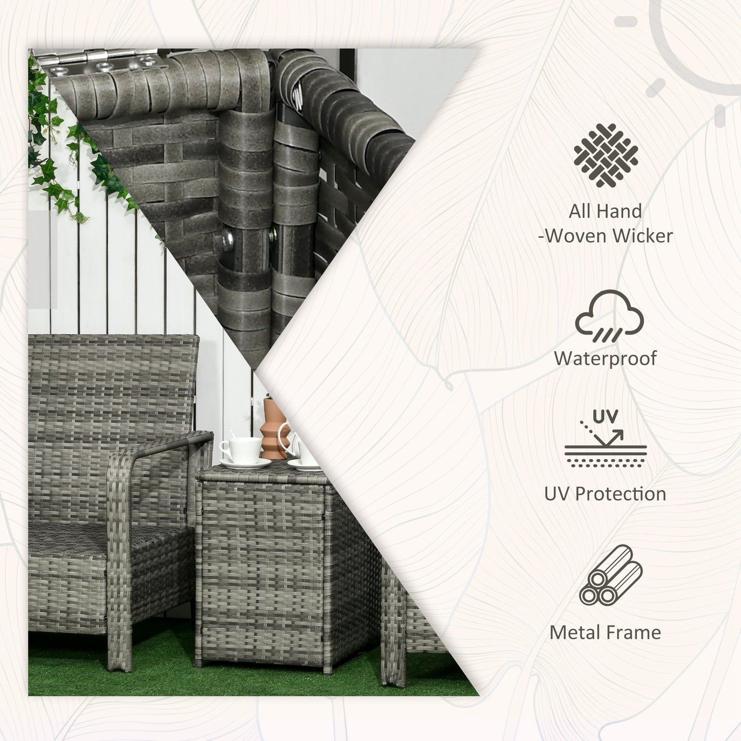 Outsunny 3 Pieces Rattan Bistro Set, Wicker Garden Furniture Set with 72 L Storage Coffee Table and Chairs, Orange