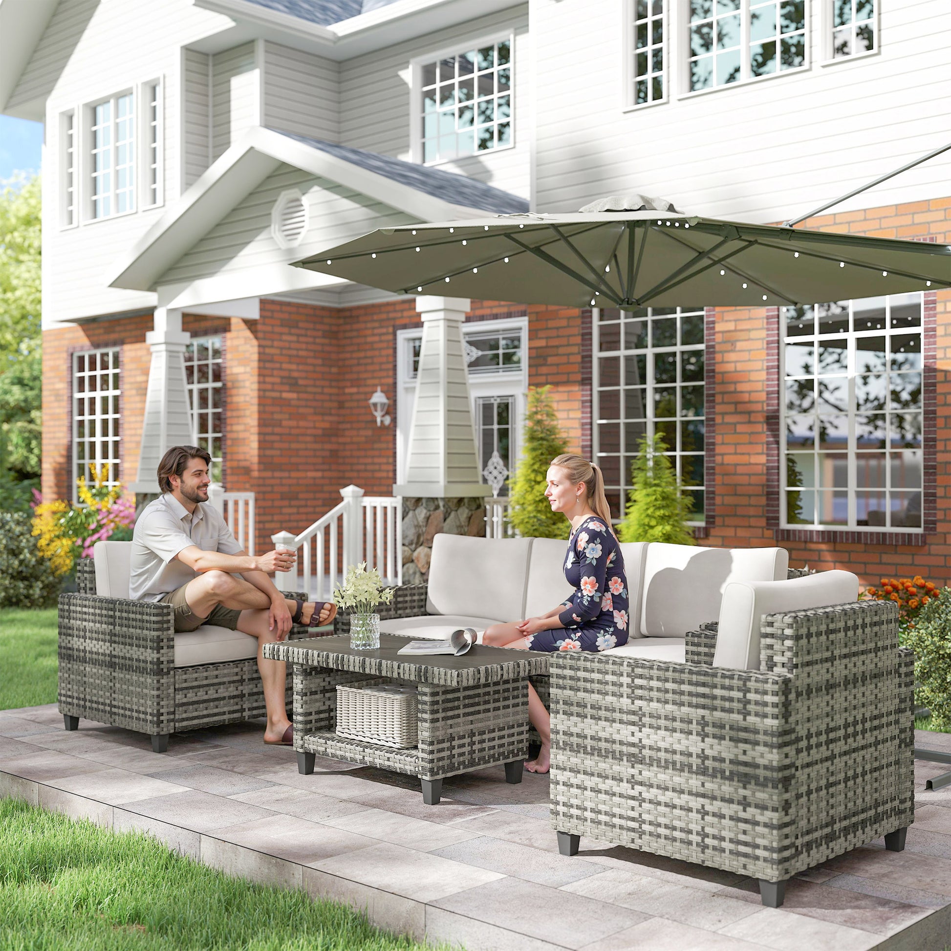 Outsunny Six-Piece Modular Rattan Sofa Set 5-Seater Garden Furniture Set with Two-tier Table - Light Grey