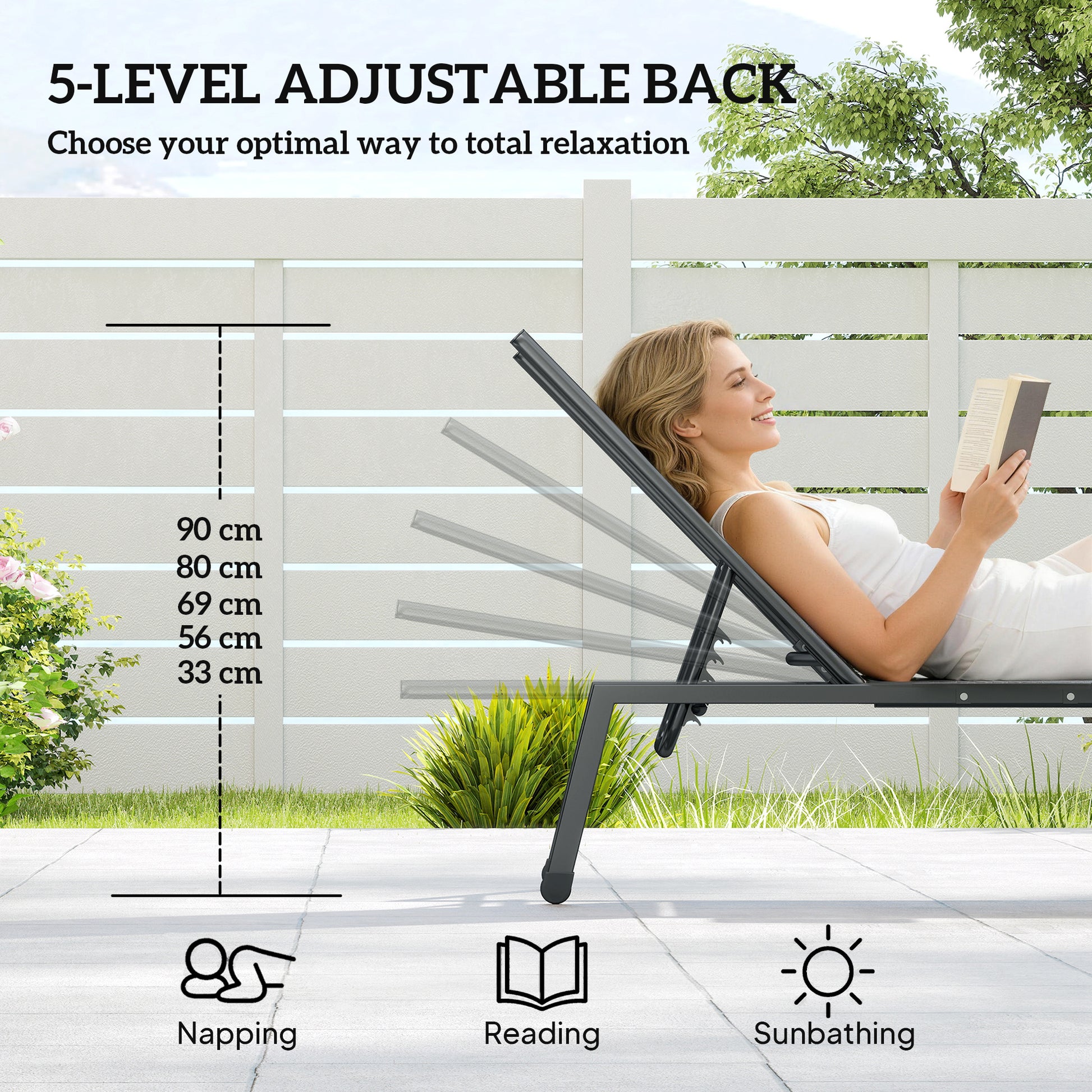 Outsunny Sun Loungers Set of 2 with Side Tray Table, Garden Recliners with 5-Position Adjustable Backrest, 2 Wheels, Grey