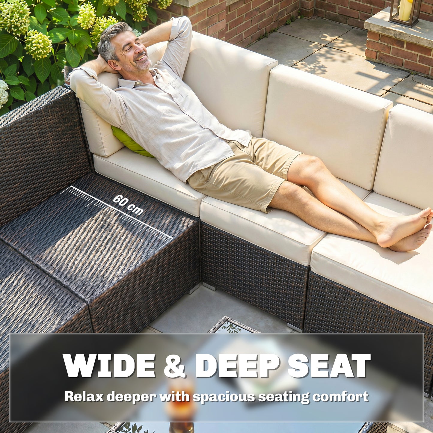 Outsunny 7-Seater PE Rattan Corner Sofa Set, Garden Furniture Set, Patio Wicker Sofa Seater w/ Cushion, Washable Cushion Cover & Tempered Glass Table, Brown