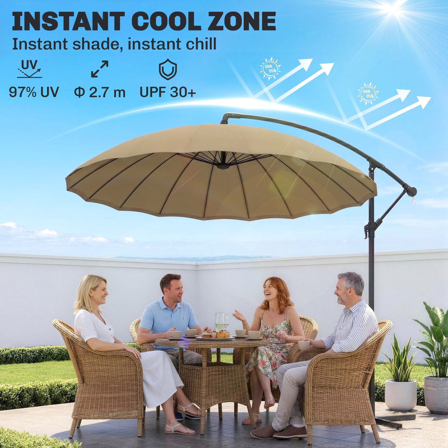 Outsunny 3(m) Cantilever Umbrella 18 Ribs & Vents Adjustable Angle for Patio Khaki