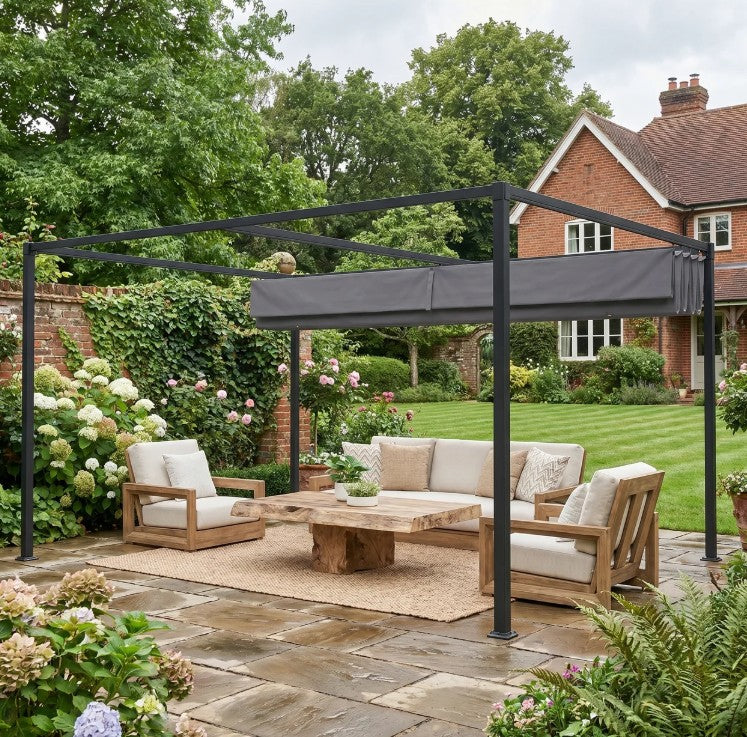 4m x 3m Metal Pergola – Black Retractable Canopy Roof, Outdoor Patio Garden Shade
