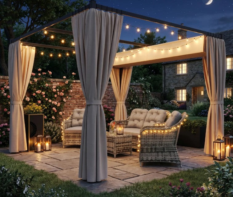 3m x 3m Retractable Metal Pergola with Curtains – Outdoor Patio & Deck Shelter, Adjustable Canopy Shade for BBQ & Grill Area, Beige