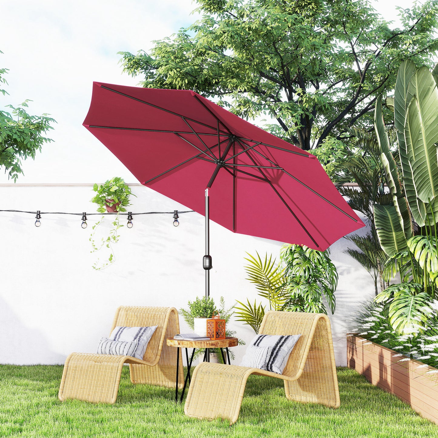 3(m) Tilting Parasol Garden Umbrellas, Outdoor Sun Shade with 8 Ribs, Tilt and Crank Handle for Balcony