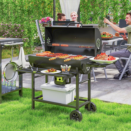 Charcoal BBQ with Foldable Front Side Shelf, Portable Barbecue Smoker with Warming Rack, Bottom Shelf, Lid, Temperature Gauge, Wheels for