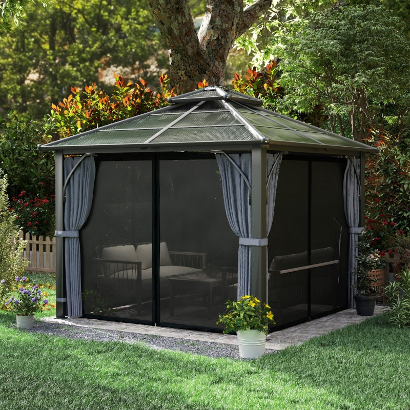 3x3m Brown Polycarbonate Hardtop Gazebo Garden Pavilion – Heavy Duty Metal Frame Shelter with Curtains & Mosquito Netting