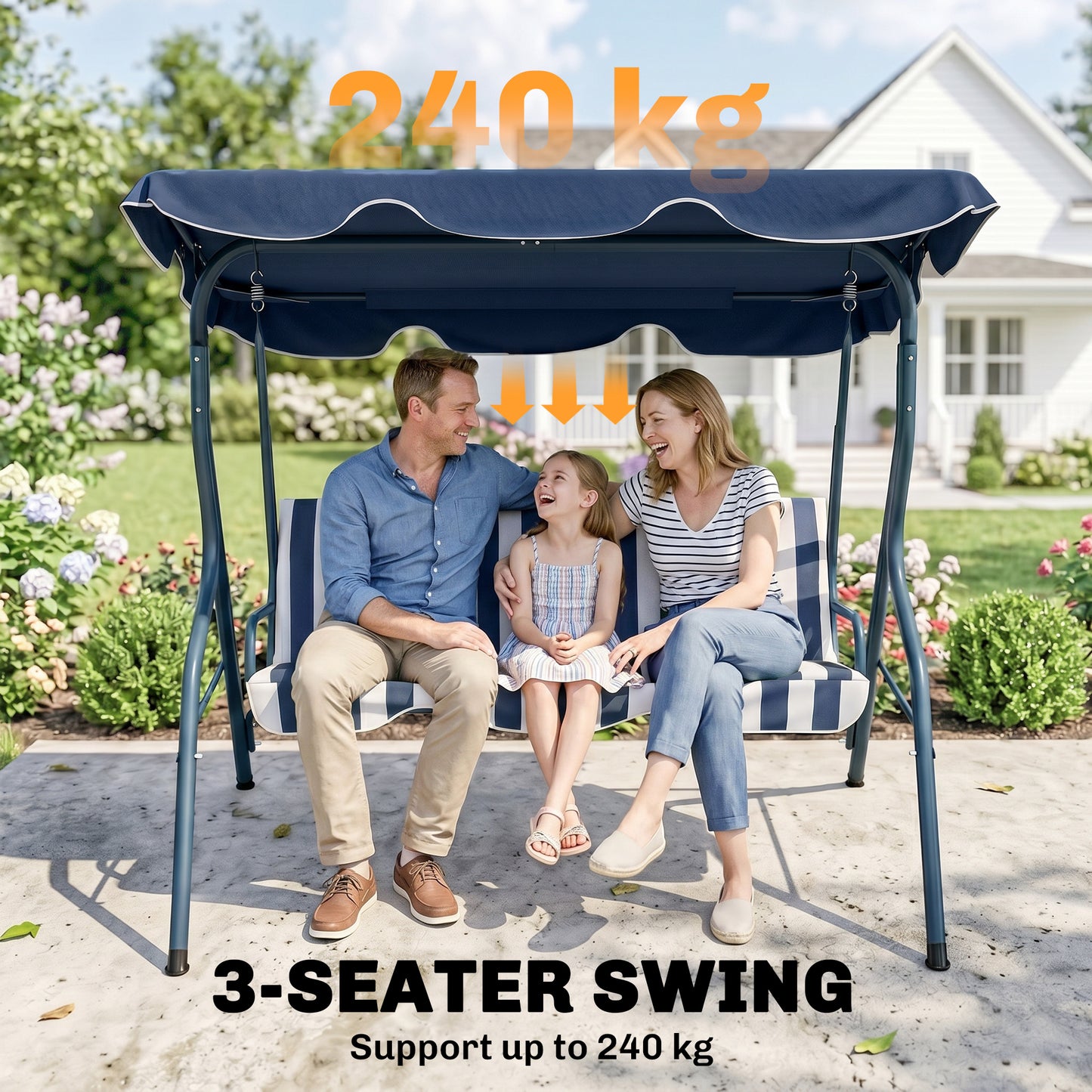Outsunny 3 Seater Garden Swing Seat Chair Outdoor Bench with Adjustable Canopy and Metal Frame, Blue Stripes