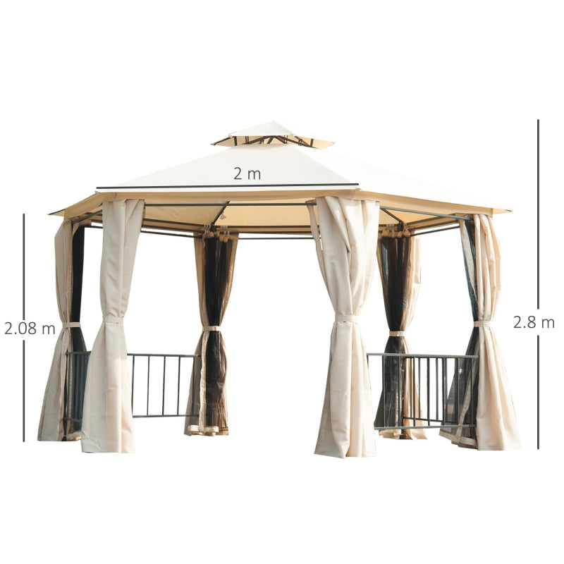 3m x 3m Beige Hexagonal Garden Gazebo with Curtains, Mesh Netting & Double-Tier Canopy