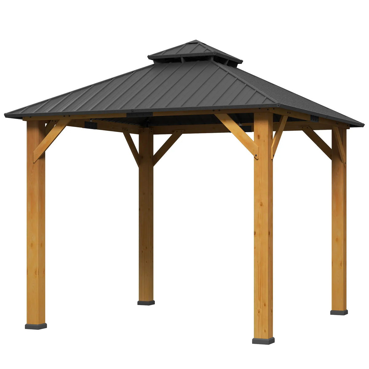 3m x 3m Wooden Frame Hardtop Gazebo with 2 – Tier Galvanised Steel Roof, Aluminium Posts & Grey Outdoor Patio Canopy Shelter