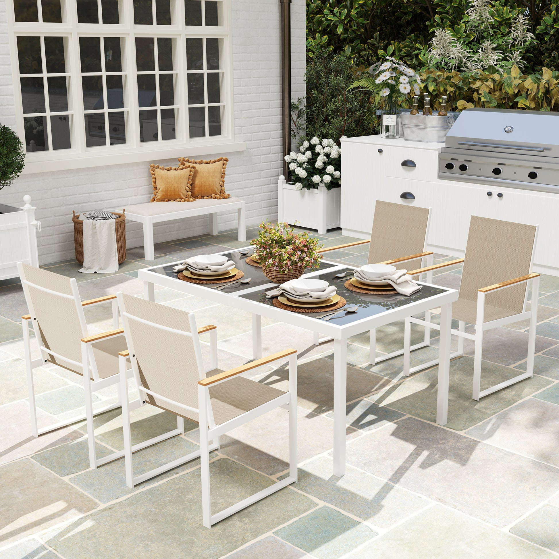 Capri 5 Piece Garden Furniture Set with 4 Armchairs and Tempered Glass Table Top, for Deck, Balcony