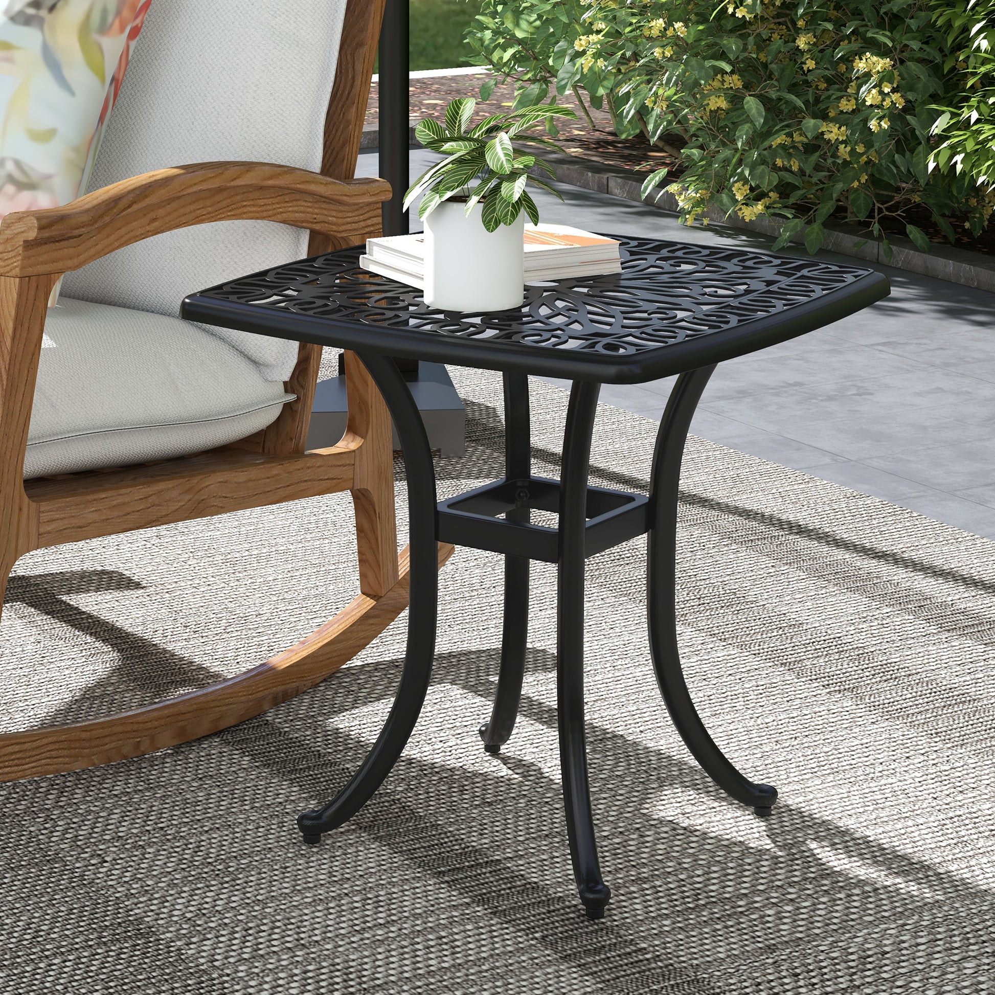 Riviera Cast Aluminium Bistro Table, Outdoor Square Side Table with Umbrella Hole, Garden Table for Balcony, Black