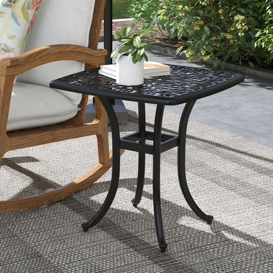 Riviera Cast Aluminium Bistro Table, Outdoor Square Side Table with Umbrella Hole, Garden Table for Balcony, Black